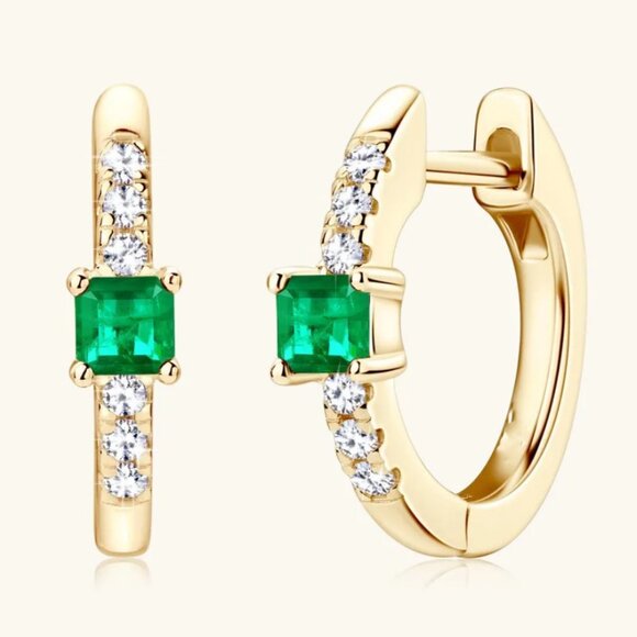 14K Gold 2ct Green Emerald 1ct Diamond Womens Huggie Hoop Gemstone Earrings NEW - Picture 1 of 6